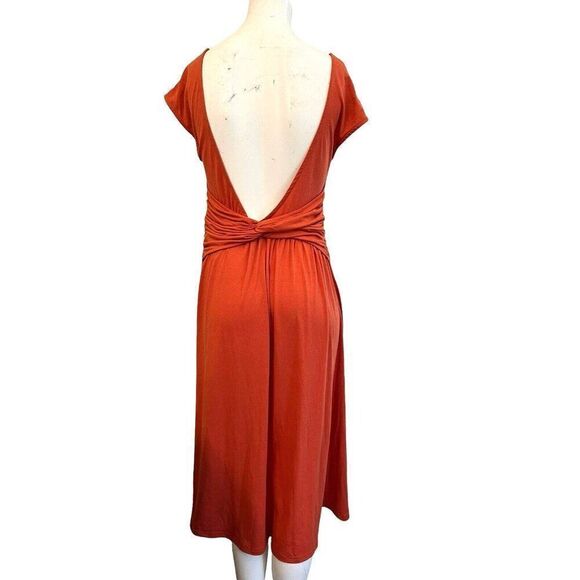 Large Sleeveless V Neck Backless Burnt Orange Dress Ruched Midi Stretch NWT - Picture 3 of 5